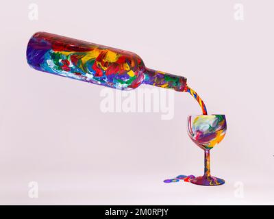 Multi coloured liquid being poured from a painted bottle into a painted wine glass Stock Photo