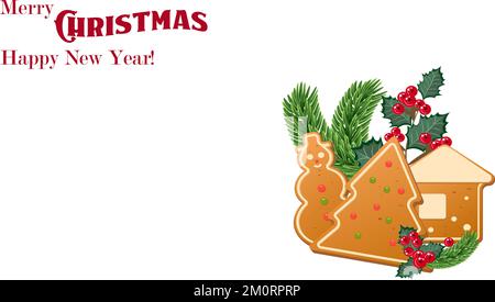 Christmas gingebread cookies with decorative fir tree and holly branches. Christmas and New Year cozy decoration. Stock Vector