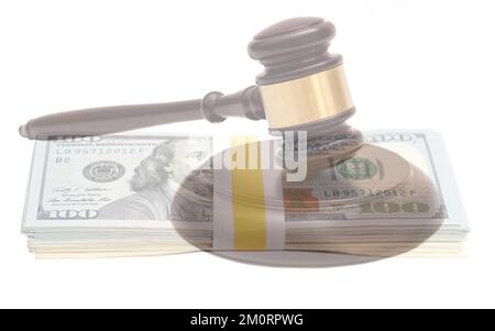 Wooden judge gavel on a stack of hundred-dollar bills. Stock Photo
