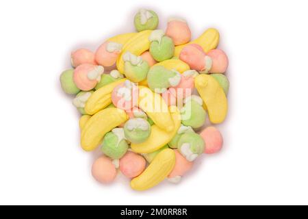 Mix of jelly colorful candys and marshmallows isolated on a white background. Stock Photo