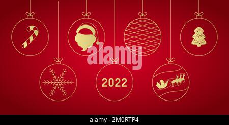 Golden Christmas baubles on red background. Vector illustration. Stock Vector