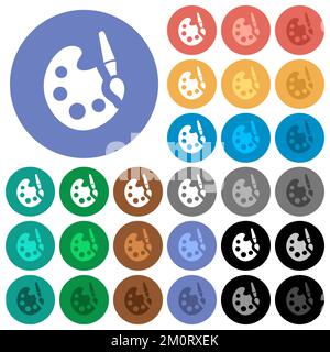 Paint kit solid multi colored flat icons on round backgrounds. Included white, light and dark icon variations for hover and active status effects, and Stock Vector