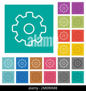 Settings outline multi colored flat icons on plain square backgrounds. Included white and darker icon variations for hover or active effects. Stock Vector
