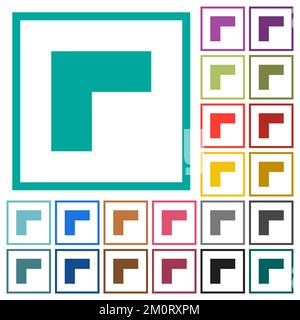 Top left 90 degrees angle arrow solid flat color icons with quadrant frames on white background Stock Vector