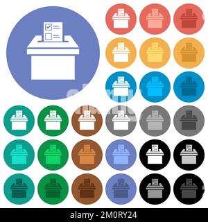 Voting paper and ballot box solid multi colored flat icons on round backgrounds. Included white, light and dark icon variations for hover and active s Stock Vector