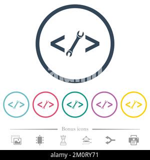 Web development with wrench flat color icons in round outlines. 6 bonus icons included. Stock Vector