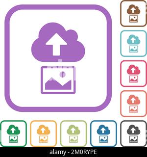 Upload image to cloud solid simple icons in color rounded square frames on white background Stock Vector