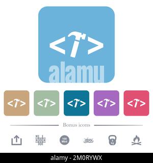 Web development with hammer white flat icons on color rounded square backgrounds. 6 bonus icons included Stock Vector