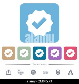 Verified sticker solid white flat icons on color rounded square backgrounds. 6 bonus icons included Stock Vector