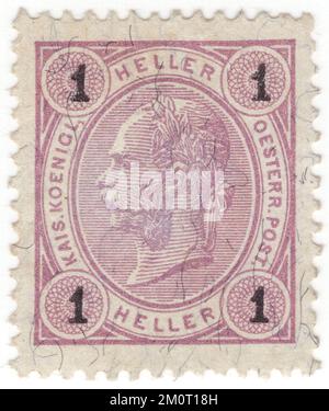 AUSTRIA — 1899: An 1 heller pale lilac postage stamp depicting Embossed portrait of young Austrian Monarch Emperor Franz Josef. Franz Joseph I or Francis Joseph I was Emperor of Austria, King of Hungary, and the other states of the Habsburg monarchy from 2 December 1848 until his death on 21 November 1916. In the early part of his reign, his realms and territories were referred to as the Austrian Empire, but were reconstituted as the dual monarchy of the Austro-Hungarian Empire in 1867. From 1 May 1850 to 24 August 1866, Franz Joseph was also President of the German Confederation Stock Photo