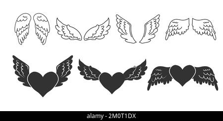 Set Angel wings with heart, outline and silhouette in cartoon style isolated on blue background, design element for decoration. Vector illustration Stock Vector