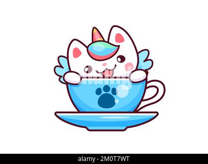 Cartoon cute kawaii caticorn character in tea cup. Fantasy kitten, fairy unicorn cat cheerful character or vector mascot. Kawaii magic creature, caticorn with wings happy personage sitting in teapot Stock Vector