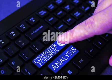 Sign displaying Computer Forensic Analysis. Word Written on evidence found in computers and storage media Stock Photo