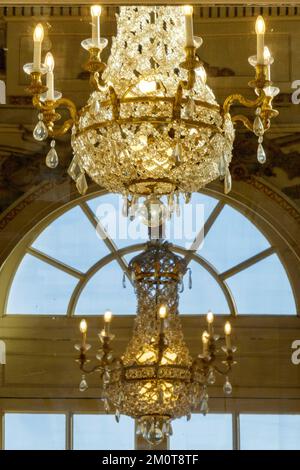 France, Meurthe et Moselle, Nancy, National theater of Lorraine located Place Stanislas (Stanislas square) rebuilt by architect Joseph Hornecker as an italian like theater a copy of an 18th century theater inaugurated on the 14th of October 1919, chandeliers of the great hall Stock Photo