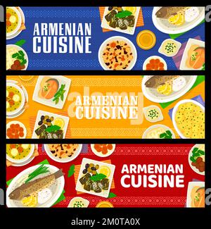 Armenian cuisine banners, traditional food dishes of lunch and dinner, vector. Armenian restaurant meals with rice pilaf, mashed potato with lamb kofta and stuffed trout kutap or meatball soup Stock Vector