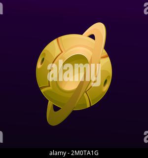 Metal cyber planet with ring. Aliens space base, cartoon vector futuristic spaceship or artificial planet with gold color metal surface, holes on poles and ring on orbit. Game UI space robotic world Stock Vector