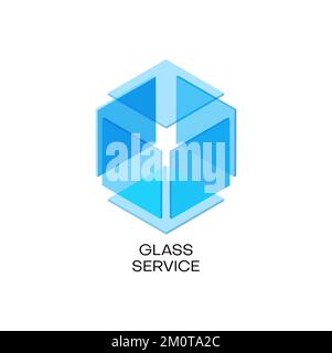 Glass icon, window company or building service business, vector blue glass cube. Corporate icon of technology and house construction or home glass window repair and installation, crystal glass symbol Stock Vector