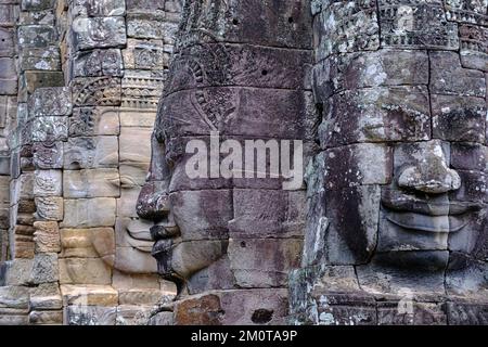 Cambodia, Angkor on World Heritage list of UNESCO, Bayon temple, built in XII-XIII century by King Jayavarman VII, faces of Jayavarman VII Stock Photo