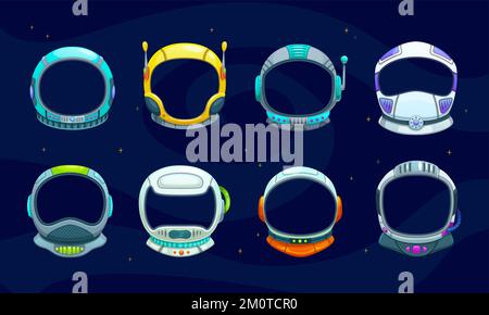 Kids astronaut space helmets, photo booth prop vector mockups. Cartoon ...