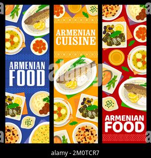 Armenian cuisine banners, food dishes and meals of restaurant, vector. Armenia traditional lunch and dinner food, rice pilaf with lamb meat kofta, mashed potato with stuffed trout and meatball soup Stock Vector