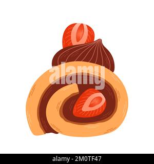 Strawberry vanilla chocolate cake roll. Japanese dessert roll. Stock Vector