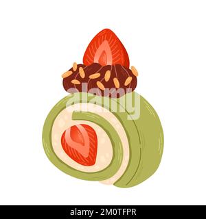 Strawberry matcha cake roll. Matcha dessert. Japanese Matcha Roll Stock Vector