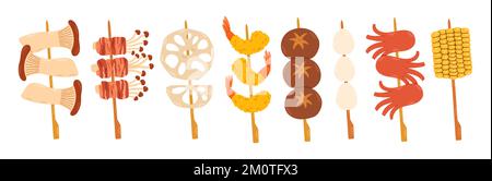 Yakitori set with different skewers, for asian fast food and take out restaurants Stock Vector