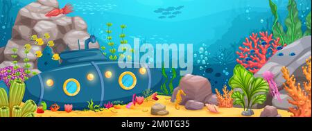 Underwater landscape with sunken submarine. Cartoon vector sub boat ...