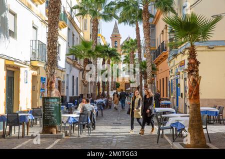 Spain, Andalusia, Cadiz, La Vi?a district, women walking in a pedestrian street lined with restaurant terraces and palm trees Stock Photo