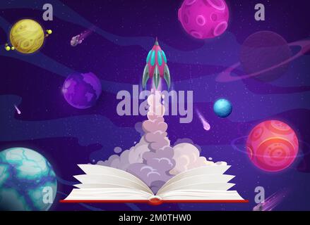 Cartoon space planets, rocket launch from opened book, vector concept of education, imagination or idea. Spaceship or shuttle take off with flame, smoke and speed trails, universe stars and meteors Stock Vector