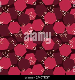 Pattern Viva Magenta color of the year 2023 with abstract geometric shapes, golden dots. Vector illustration Stock Vector