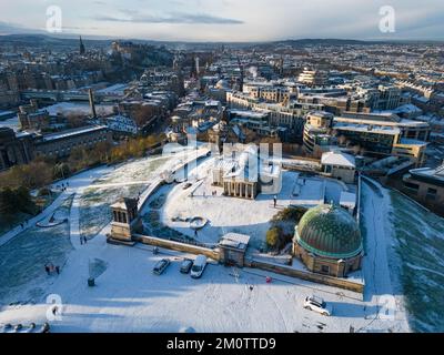 Edinburgh, Scotland, UK. 8th December 2022. Snow in Edinburgh as the Arctic weather conditions from the north continue to affect large parts of Scotland. Pic; Aerial view of snow covered Royal Observatory on Calton Hill. Iain Masterton/Alamy Live News Stock Photo