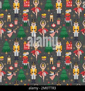 Merry Christmas, New Year seamless pattern on dark with Ballerina, Mouse King and Nutcracker. Christmas card with three and toys Stock Vector