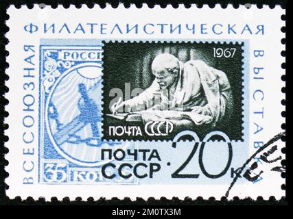 MOSCOW, RUSSIA - OCTOBER 29, 2022: Postage stamp printed in USSR shows Russian Stamps of 1918 and 1967, All-Union Philatelic Exhibition - '50th Annive Stock Photo