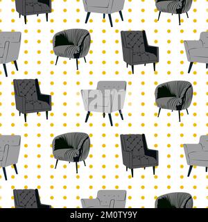 Gray chairs with yellow dots background vector seamless pattern isolated on white Stock Vector