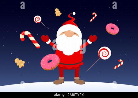 Santa with different sweets. Vector illustration. Stock Vector