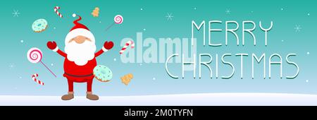 Christmas card. Santa Claus with different sweets. Vector illustration. Stock Vector