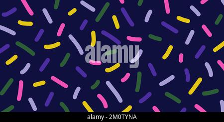 Bright neon coloured confetti on dark blue background. Cute abstract horizontal backdrop. Multi colored decorative sprinkles. Pop art style texture Stock Vector