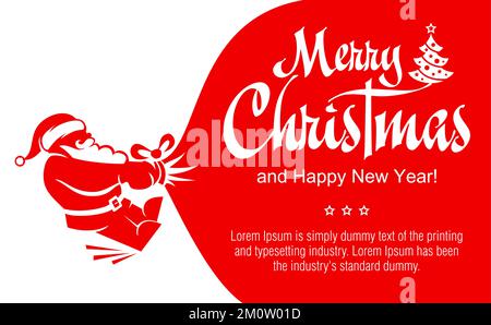 Santa Claus silhouette pulls heavy bag full of gifts. Vector template for banner, greeting card, invitation with text copy space Stock Vector