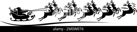 Team of nine reindeer is carrying Santa sleigh. Rudolph red nose lights the way. Vector silhouette on a transparent background Stock Vector