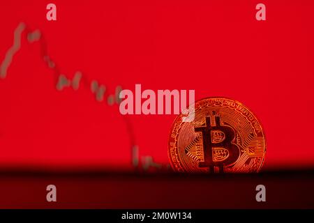Bitcoin and crypto market crash. Economic downturn and big selling pressure. Global recession, financial crisis. Stock Photo