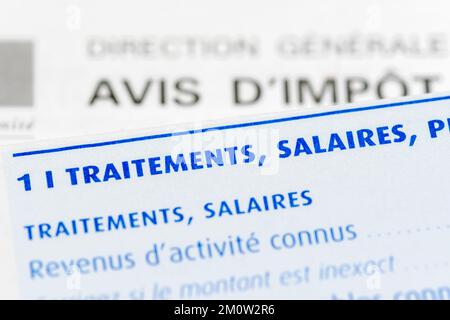 Taxes in France: Detail of a French income tax return with a close-up on the wages and salaries section