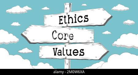 Ethics, core values - wooden signpost with three arrows Stock Photo - Alamy