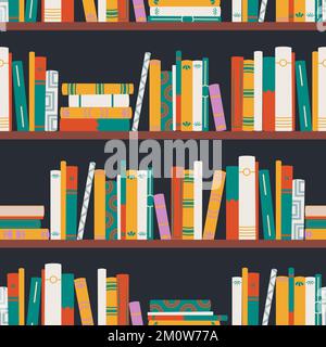 Repeating book spines. Bookshelf with various books. Vector seamless pattern on a black background. Ideal for design, print, fabric, packaging. Stock Vector