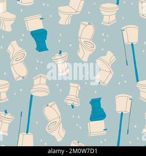 Vector seamless pattern with different toilets bowls and bidets. Repetitive toilet furniture for hygiene. Items for the bathroom. Stock Vector