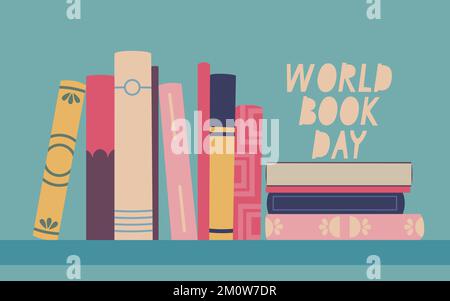 World book day. Book spines. Bookshelf with various books. Vector isolated illustration for design. Stock Vector