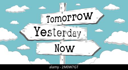 Tomorrow, yesterday, now - outline signpost with three arrows Stock Photo