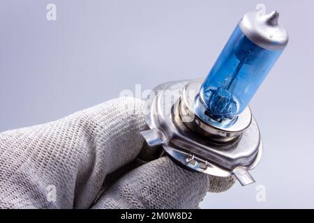 Old, broken, car bulb, H4, blue, broken in the hand on a gray background Stock Photo