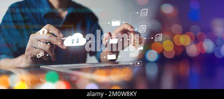 Internet cloud computing technology and online data storage for transferring backup file. Document Management System (DMS) concept. Stock Photo