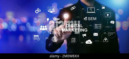 Digital marketing business technology concept. Website adertisement email social media network, SEO, SEM video and mobile application icons in virtual Stock Photo
